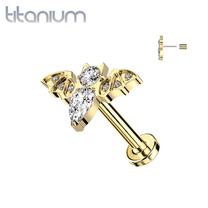 Implant Grade Titanium Gold PVD White CZ Large Flying Bat Threadless Push In Labret - Pierced Universe