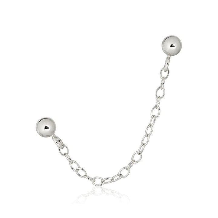 925 Sterling Silver Double Lobe Ball with Chain Minimal Stud Earring- 1 Piece - Pierced Universe