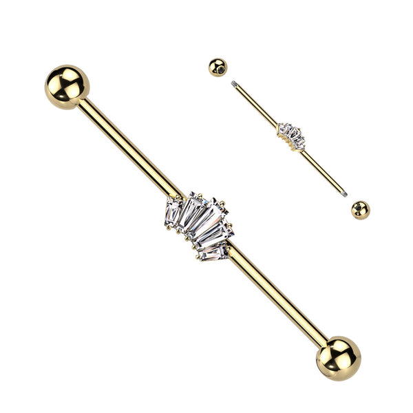 316L Surgical Steel Gold PVD White CZ 5 Gem Baguette Industrial Barbell - Pierced Universe