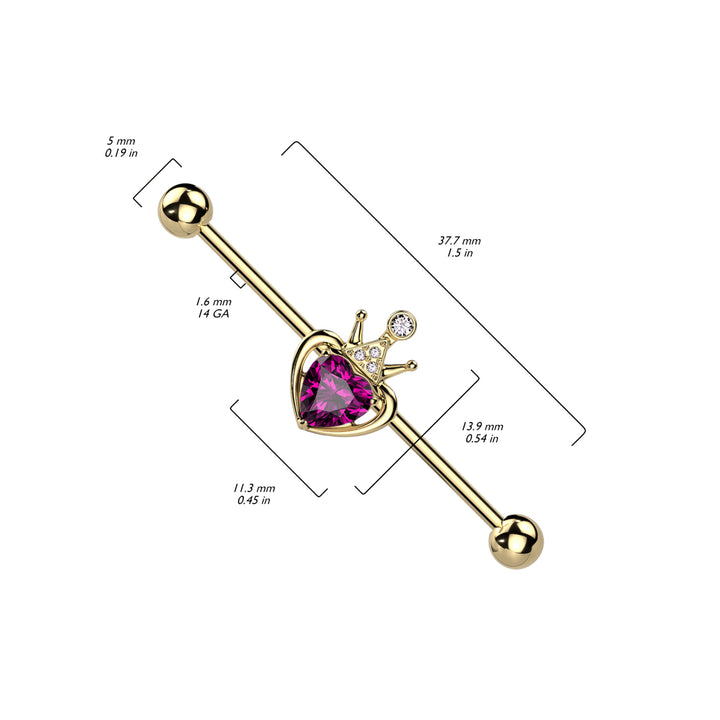 316L Surgical Steel Gold PVD Pink & White CZ Heart Crown Industrial Barbell - Pierced Universe