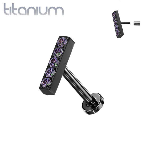 Titanium Rose Gold PVD Threadless Push In Labret White Studded CZ Rectangle Bar