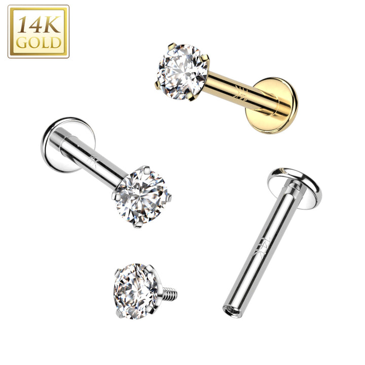 14KT Yellow Gold White CZ Gem Internally Threaded Flat Back Labret - Pierced Universe