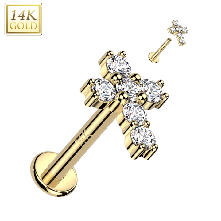 14KT Yellow Gold White CZ Cross Flat Back Labret - Pierced Universe