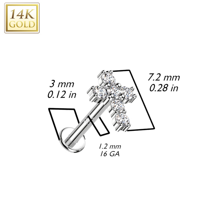 14KT Yellow Gold White CZ Cross Flat Back Labret - Pierced Universe