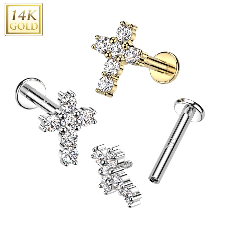 14KT Yellow Gold White CZ Cross Flat Back Labret - Pierced Universe