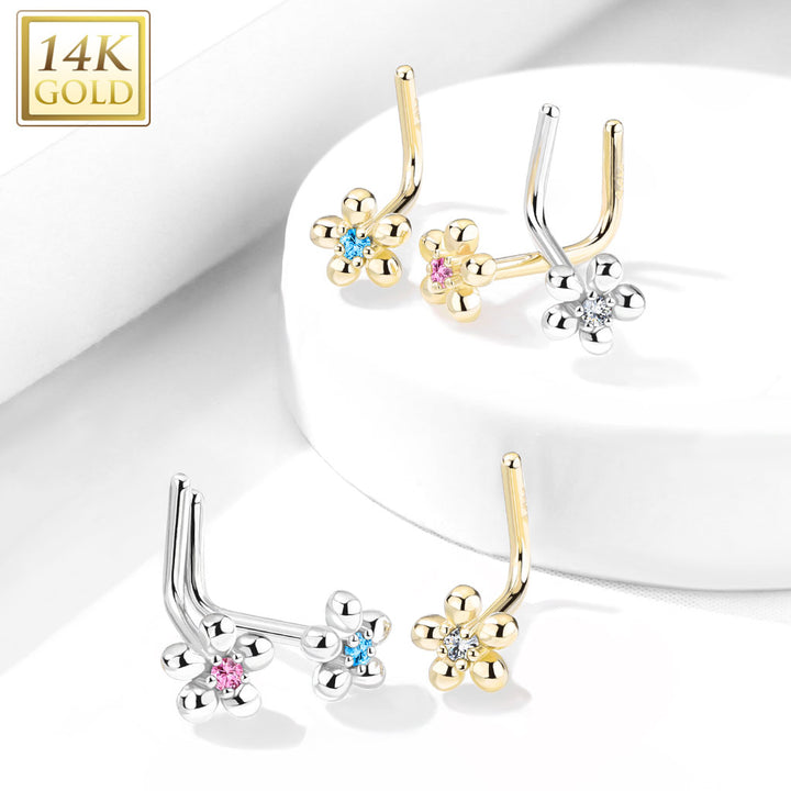 14KT Solid Yellow Gold L Shape Flower Nose Ring with White CZ - Pierced Universe