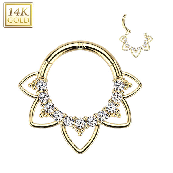 14kt Yellow Gold CZ Floral Beaded Tribal Septum Daith Hinged Clicker Hoop - Pierced Universe