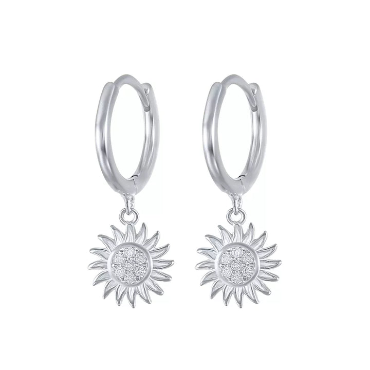 Pair of 925 Sterling Silver White CZ Gem Large Sun Dangle Minimal Hoop Earrings - Pierced Universe