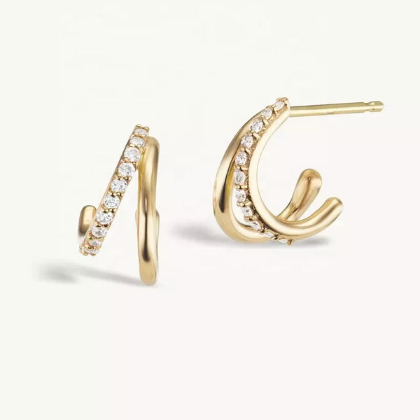 Pair of 925 Sterling Silver Gold PVD Double Hoop White CZ Gem Minimal Stud Earrings - Pierced Universe