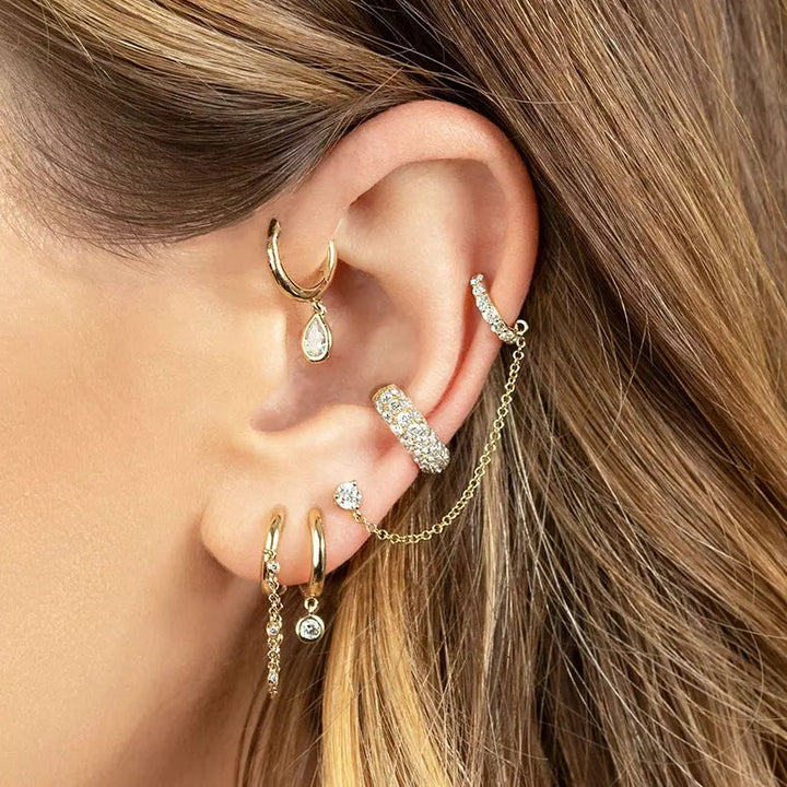 925 Sterling Silver Gold PVD Chain Connected CZ Stud With Faux Cartilage Conch Hoop - Pierced Universe