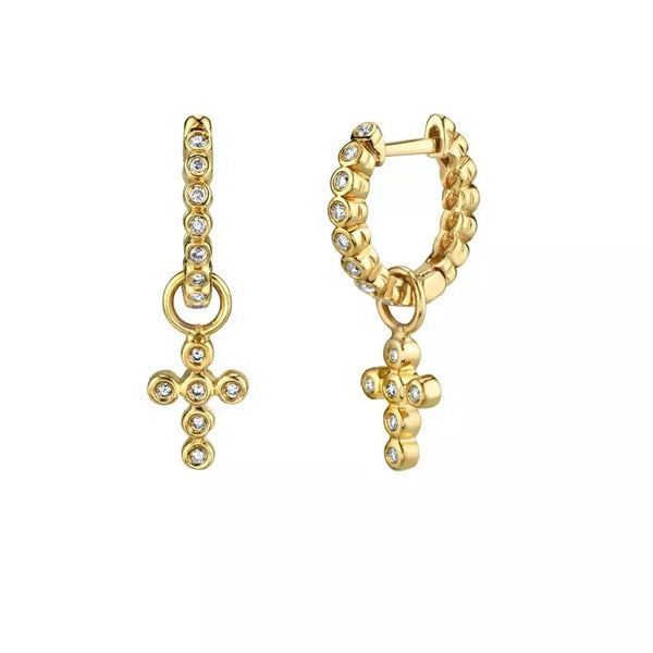 Pair of 925 Sterling Silver Gold PVD White CZ Gem Cross Dangle Minimal Hoop Earrings - Pierced Universe