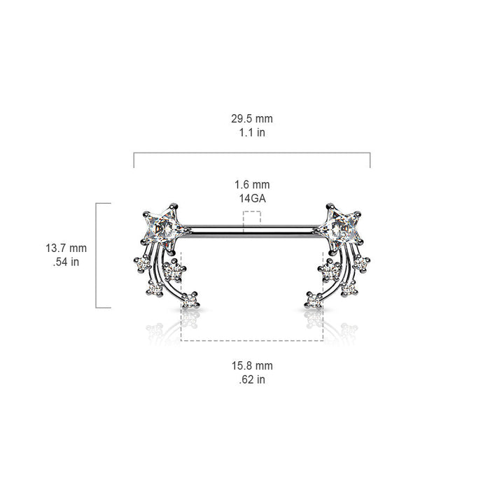 316L Surgical Steel Aqua & White CZ Shooting Star Nipple Ring Straight Barbell - Pierced Universe