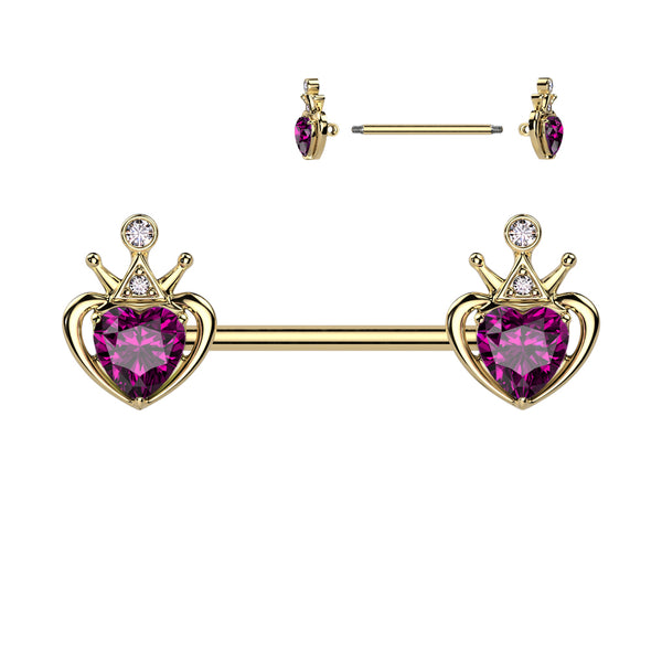 316L Surgical Steel Gold PVD Pink & White CZ Heart Crown Nipple Ring Straight Barbell - Pierced Universe