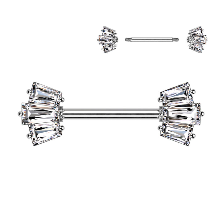 316L Surgical Steel White CZ Triple Baguette Cut Gem Nipple Ring Barbell - Pierced Universe