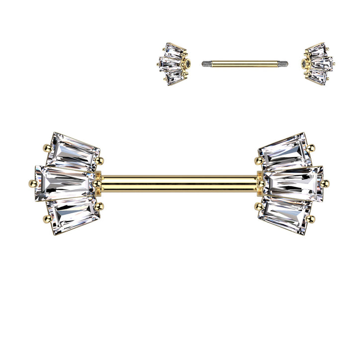 316L Surgical Steel Gold PVD White CZ Triple Baguette Cut Gem Nipple Ring Barbell - Pierced Universe