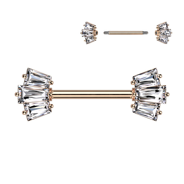 316L Surgical Steel Rose Gold PVD White CZ Triple Baguette Cut Gem Nipple Ring Barbell - Pierced Universe