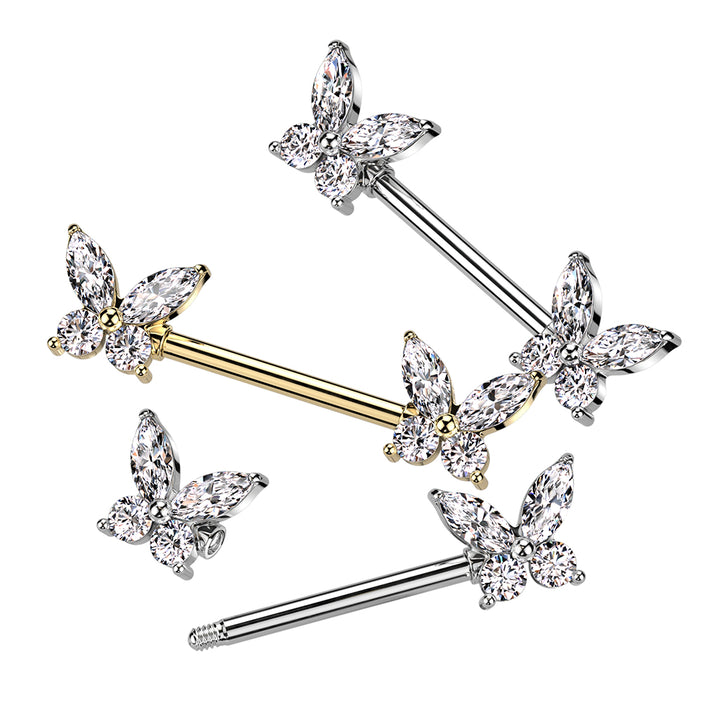 316L Surgical Steel White CZ Butterfly Nipple Ring Barbell - Pierced Universe