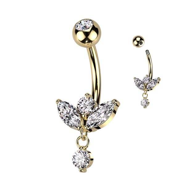 316L Surgical Steel Gold PVD White CZ 3 Petal Flower With Single Gem Dangle - Pierced Universe