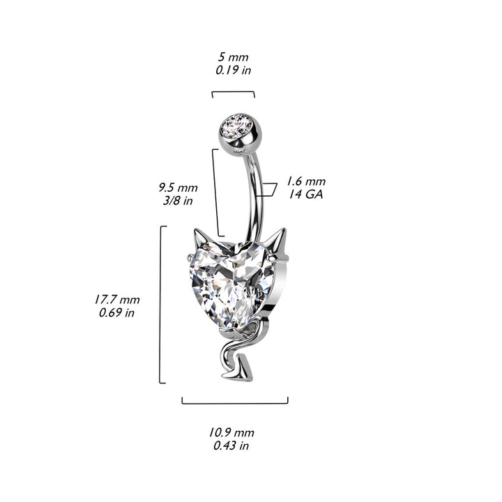 316L Surgical Steel Devil Horns White CZ Heart Belly Ring - Pierced Universe