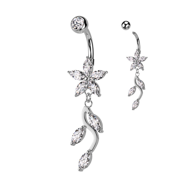 316L Surgical Steel White CZ Flower Vine Dangle Belly Ring - Pierced Universe