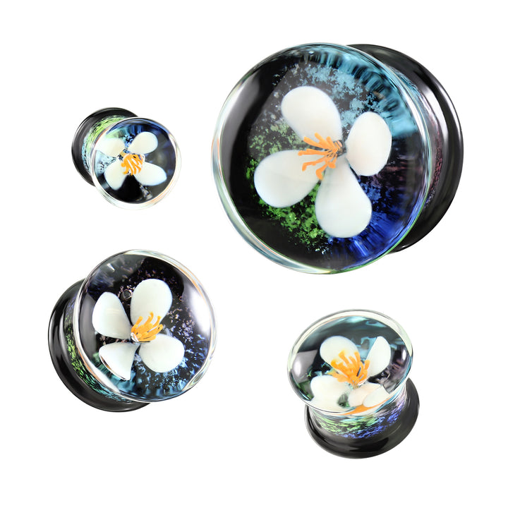 Double Flared White Flower Glass Ear Plugs - Pierced Universe