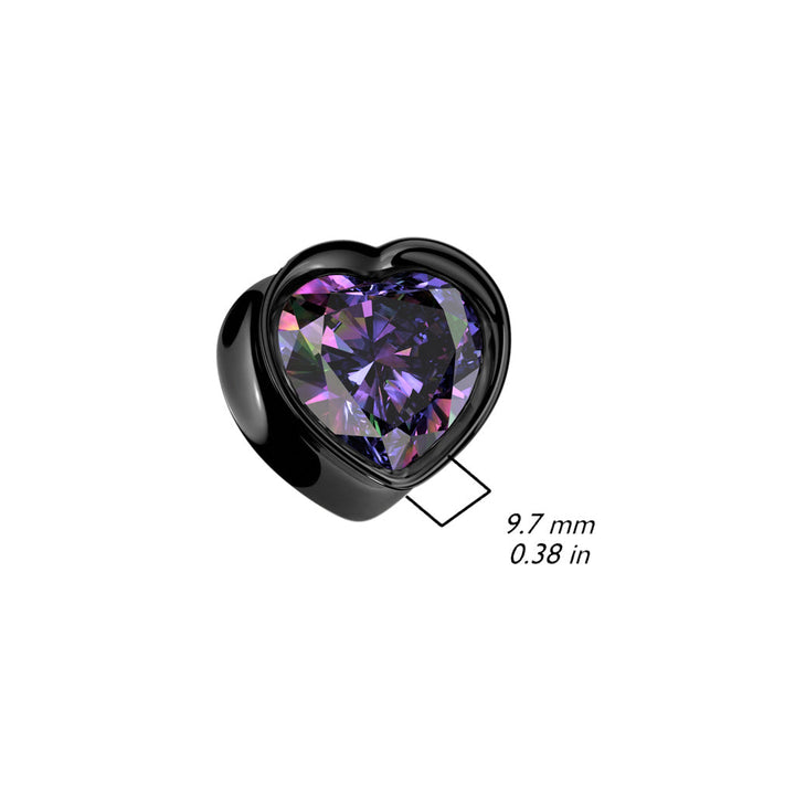 316L Surgical Steel Black PVD Vitrail Medium CZ Heart Shaped Double Flared Plug - Pierced Universe