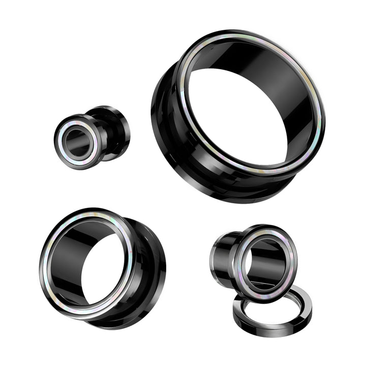 316L Surgical Steel Black PVD Mother Of Pearl Rim Screw On Ear Tunnels - Pierced Universe