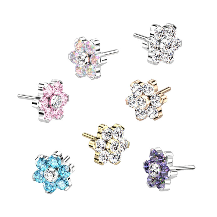 Implant Grade Titanium Threadless Rose Gold PVD Push In Tragus/Cartilage White CZ Flower With Flat Back - Pierced Universe