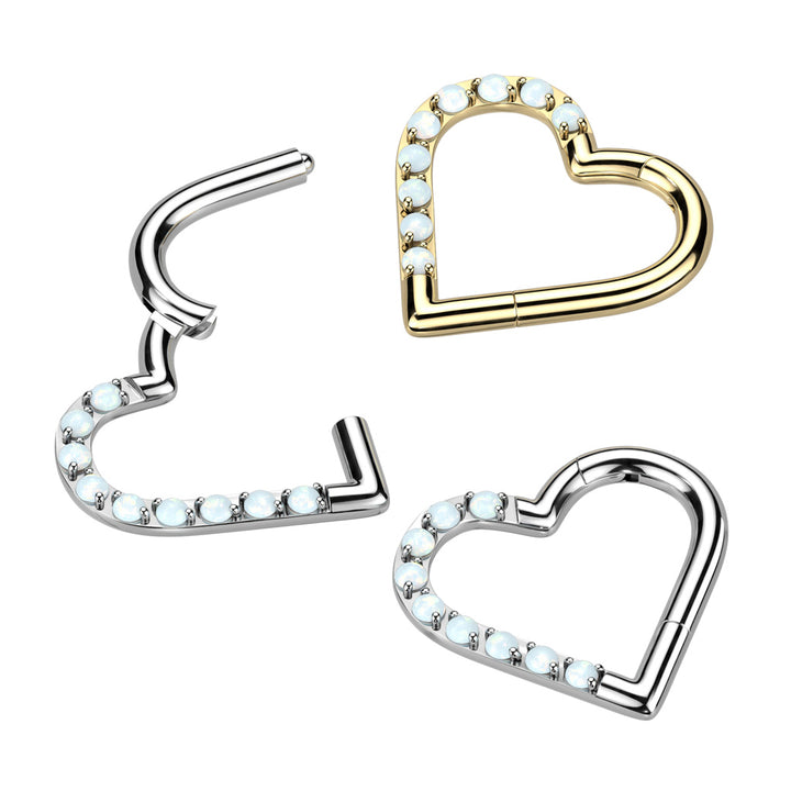 Implant Grade Titanium Gold PVD White Opal Heart Hinged Daith Clicker Hoop - Pierced Universe