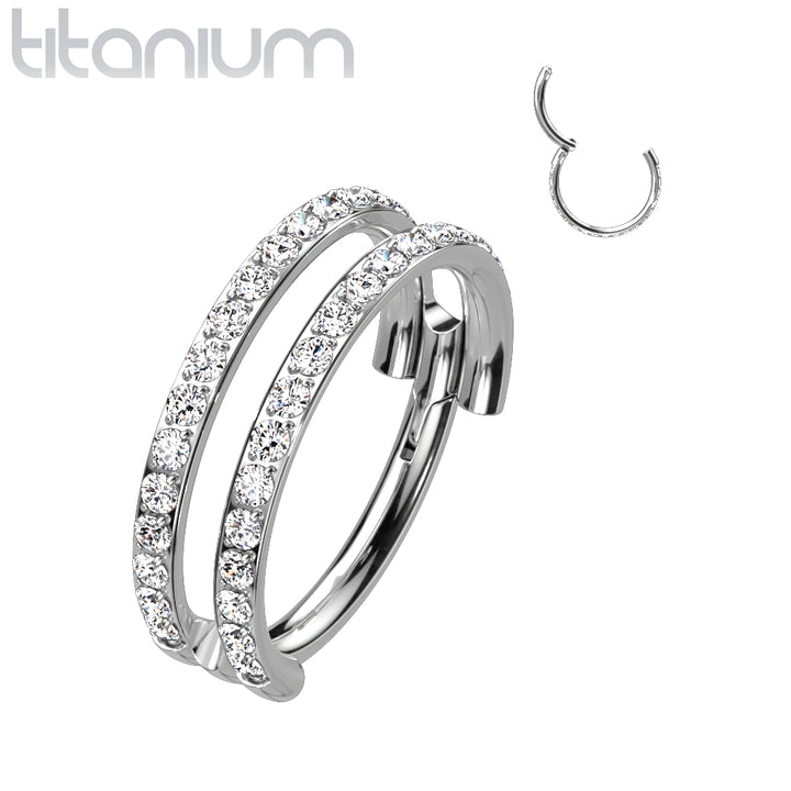 Implant Grade Titanium Double White CZ Pave Hinged Clicker Hoop - Pierced Universe