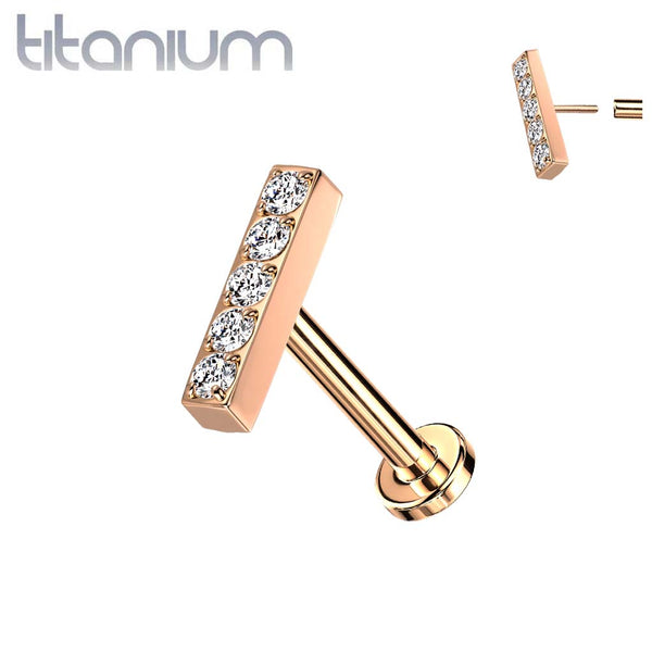 Implant Grade Titanium Gold PVD Threadless Push In Labret White Studded CZ Rectangle Bar Implant Grade Titanium Gold PVD Threadless Push In Labret White Studded CZ Rectangle Bar