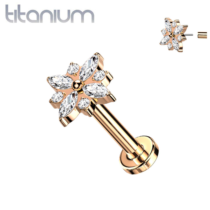 Titanium Rose Gold PVD Large White CZ Gem Flower Threadless Push In Labret - Pierced Universe