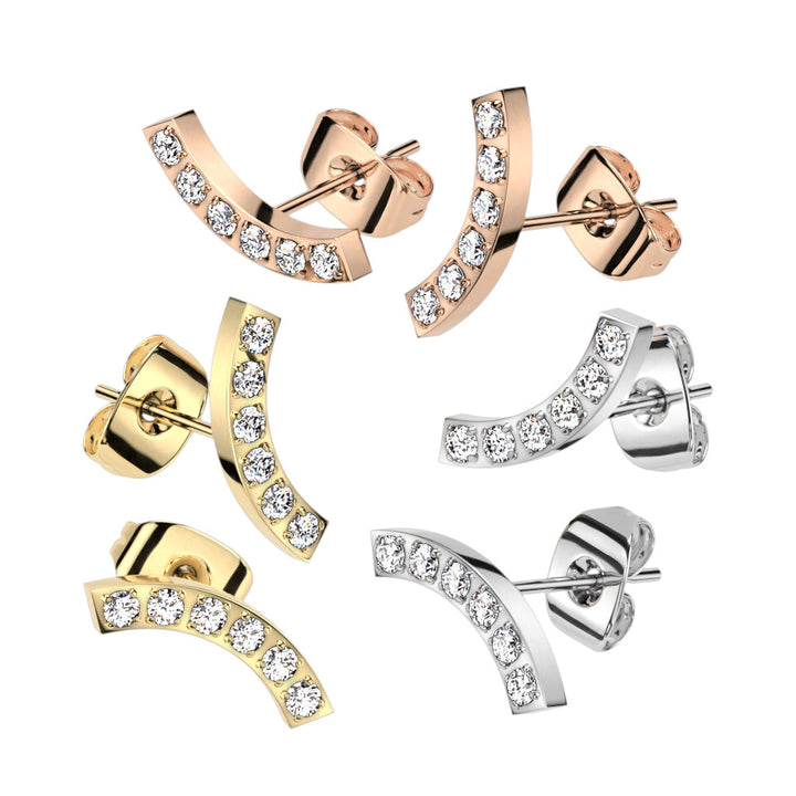 Pair of 316L Surgical Steel Gold PVD Curved White CZ Gem Earring Studs - Pierced Universe