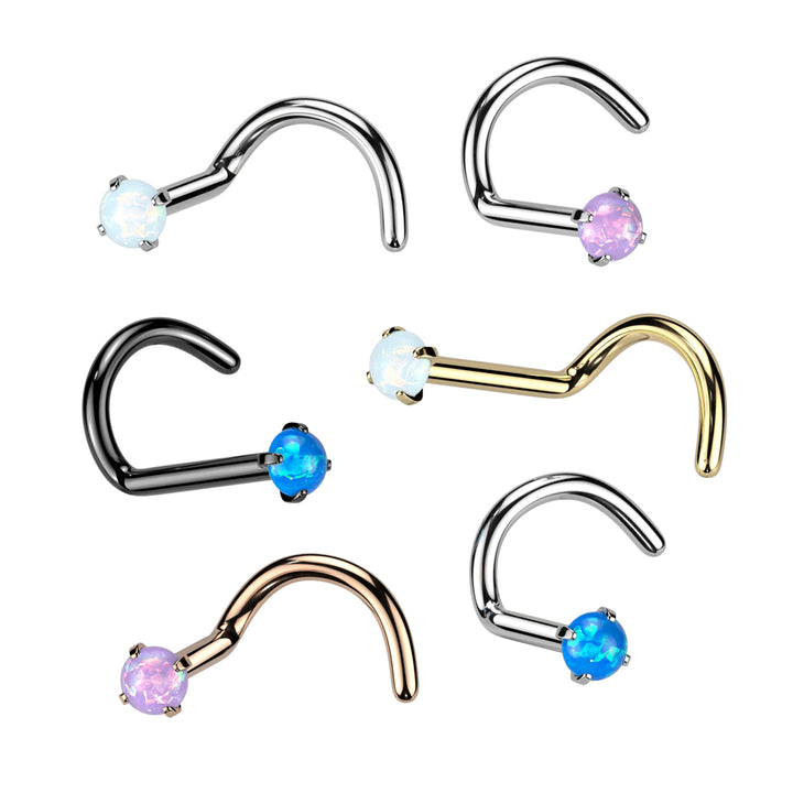 Implant Grade Titanium Corkscrew Nose Ring White Opal Stud With Prongs - Pierced Universe