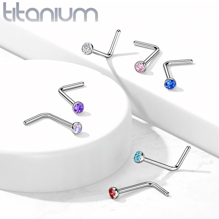 Implant Grade Titanium L Shape White CZ Nose Stud - Pierced Universe
