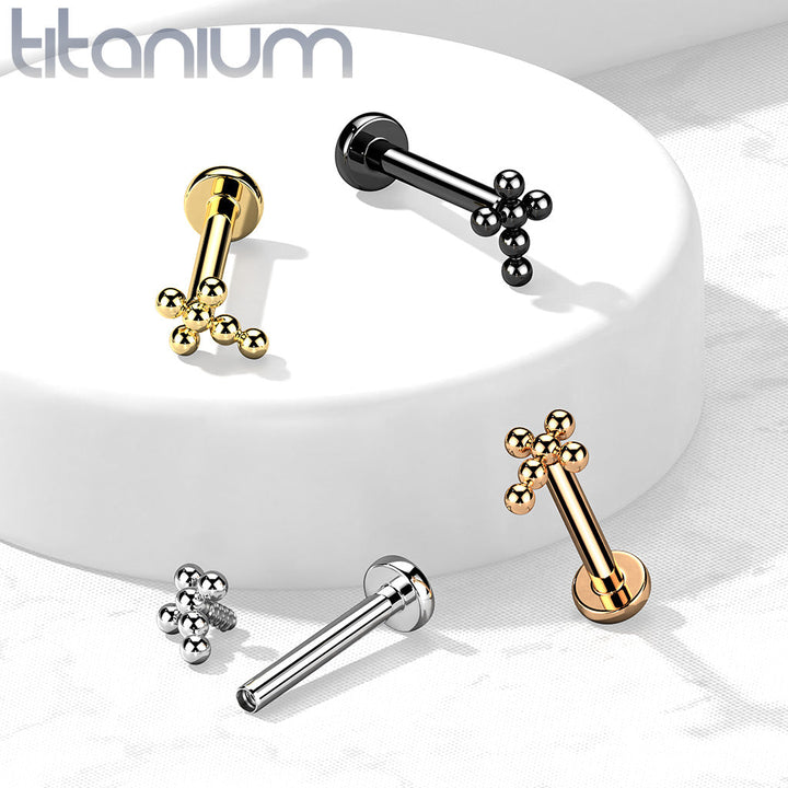 Implant Grade Titanium Gold PVD Beaded Dainty Cross Internally Threaded Labret - Pierced Universe