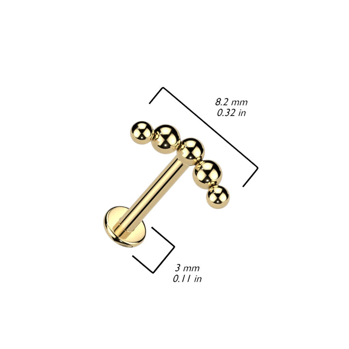 Implant Grade Titanium Gold PVD Curved 5 Bead Internally Threaded Flat Back Labret - Pierced Universe