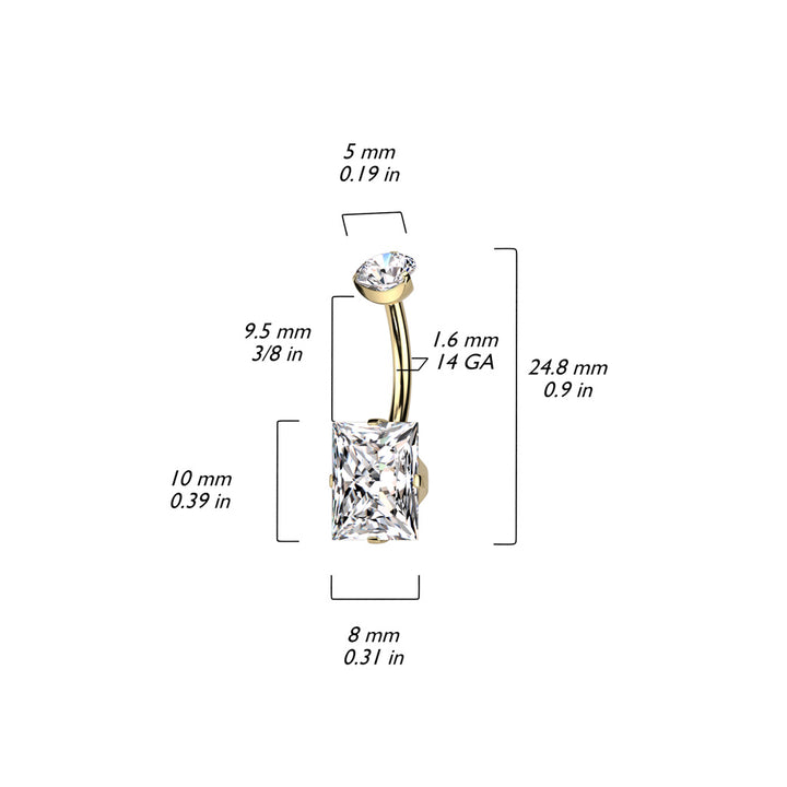 Implant Grade Titanium Gold PVD White CZ Squared Gem Belly Ring - Pierced Universe