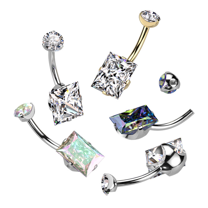 Implant Grade Titanium White CZ Squared Gem Belly Ring - Pierced Universe