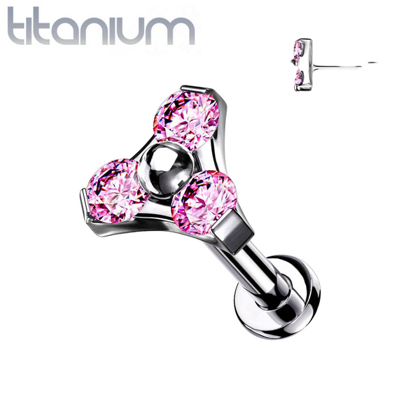 Implant Grade Titanium Threadless Push In Tragus/Cartilage Pink CZ Trillium With Flat Back - Pierced Universe