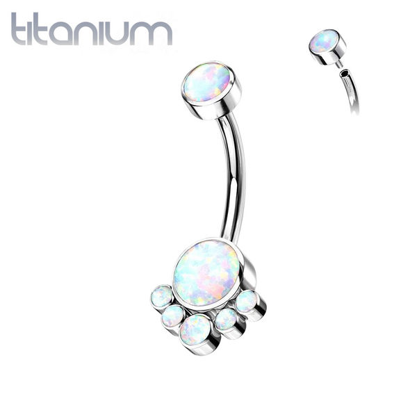 Implant Grade Titanium Internally Threaded White Opal Bezel Cluster Belly Ring - Pierced Universe