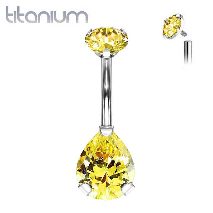 Implant Grade Titanium Internally Threaded Pear Teardrop Topaz CZ Belly Ring - Pierced Universe