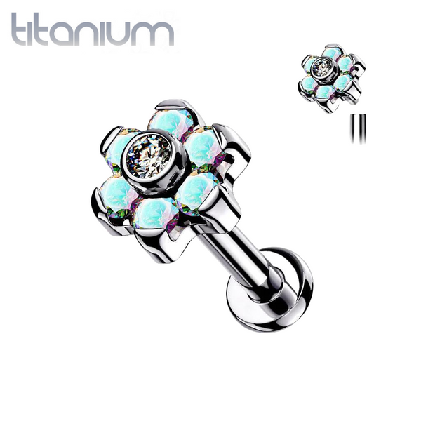 Implant Grade Titanium Internally Threaded Aurora Borealis CZ Flower Flat Back - Pierced Universe