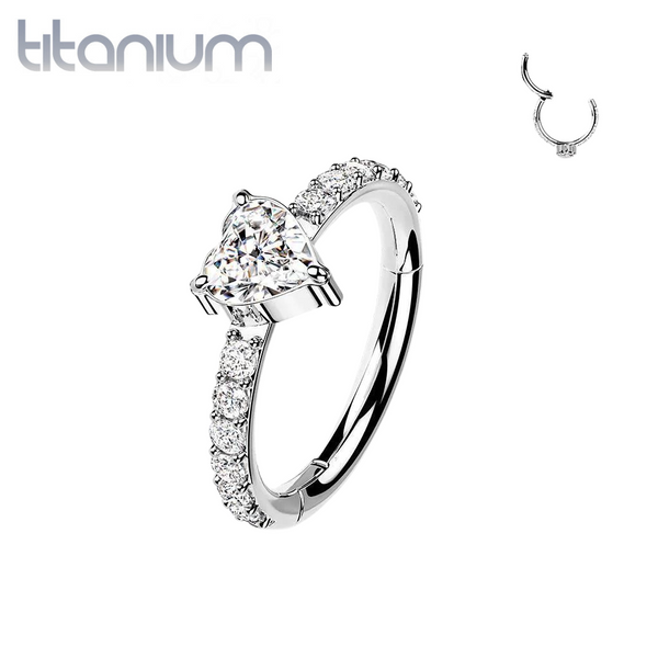 Implant Grade Titanium White CZ With Heart Shaped Center Hinged Clicker Hoop - Pierced Universe