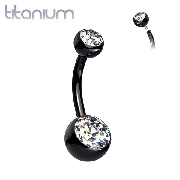 Implant Grade Titanium Black PVD Double Ball White CZ Gem Belly Ring - Pierced Universe