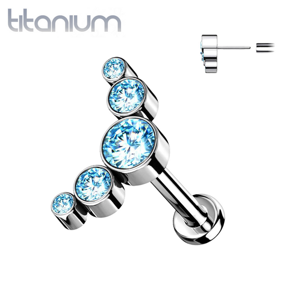 Implant Grade Titanium Threadless Push In Cartilage 5 Gem Curved Aqua CZ Gems With Flat Back - Pierced Universe