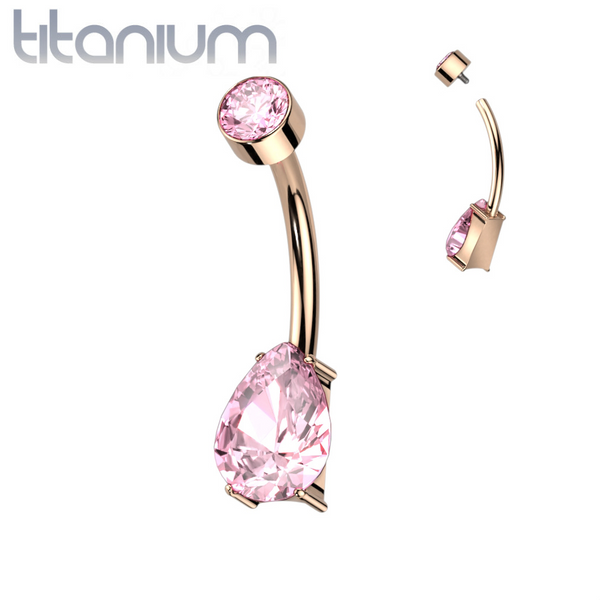 Implant Grade Titanium Dainty Rose Gold PVD Pink Tear Drop Belly Ring - Pierced Universe