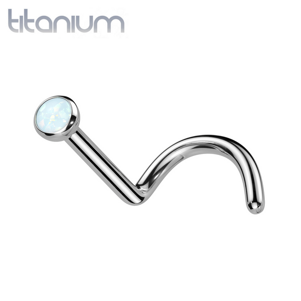 Implant Grade Titanium Corkscrew Nose Ring Stud with White Opal Gem - Pierced Universe