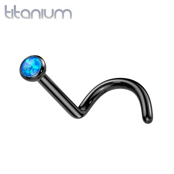 Implant Grade Titanium Black PVD Corkscrew Nose Ring with Blue Opal - Pierced Universe