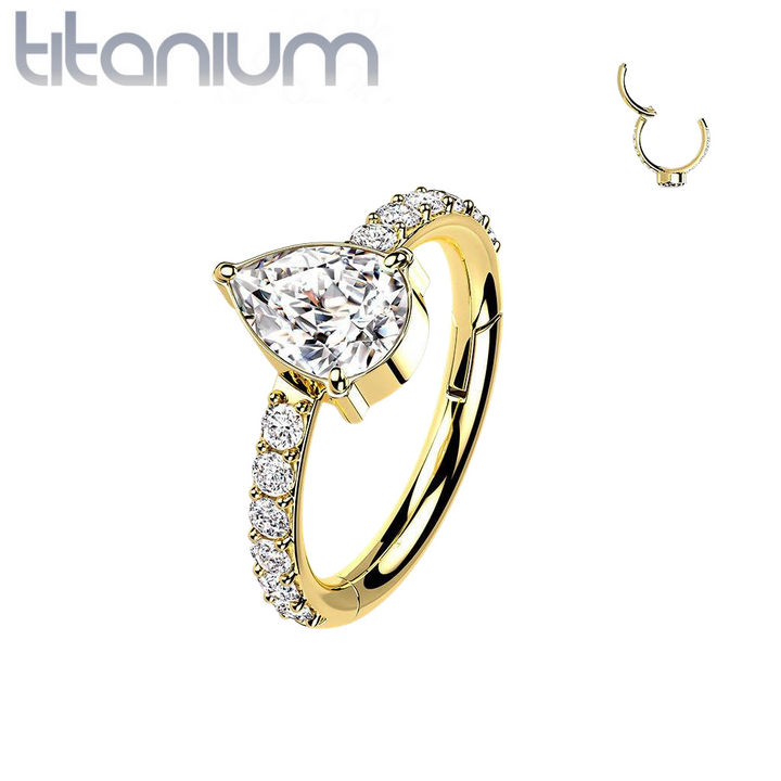 Implant Grade Titanium Gold PVD White CZ With Pear Shaped Center Hinged Clicker Hoop - Pierced Universe